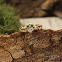 Gold Owl Ring Emeralds and Diamonds on Tree Branch Fairy Bird Engagement Ring with Two Stone Emerald