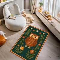 Folk Art Owl Rug – Cute Owl Area Carpet with Stars and Flowers – Woodland Animal Decor f