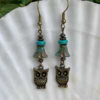 Czech Glass Owl Earrings: Turquoise Bead Dangle, Bronze Wire