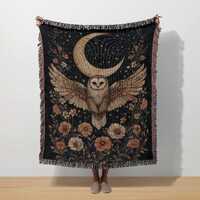 Owl Woven Blanket Mystical Bird Throw Boho Moon Tapestry Floral Ethereal Witchy Gothic Woodland Owl 