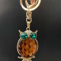 Crystal Owl Keychain: Emerald Green Eyes, Golden Animal Charm