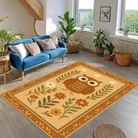 Owl Folk Art Rug – Cute Floral Animal Carpet with Stars – Cozy Boho Style Floor Decor fo