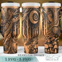 Enchanted Forest Creatures SVG, Seamless Spooky Ghostly Owl Fox SVG, 40oz Tumbler Wrap, Laser Engrav