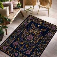 Mystical Owl Moon Rug – Floral Boho Carpet with Celestial Stars and Leaves – Witchy Goth