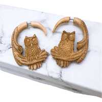 Owl white Bone earrings Fake Gauge Earrings Fancy Craved tribal style fake piercings hand carved , G
