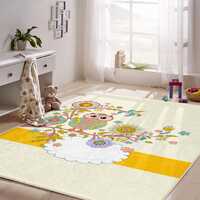 Colorful Owl Nursery Rug – Soft Playroom Carpet with Tree, Flowers - Yellow Accent | Baby Room