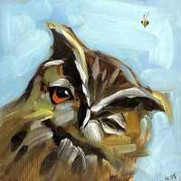 Whimsical Owl Oil Painting: Funny Bird and Bee Original Art, Woodland Decor 6x6"