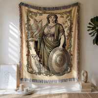 Athena and Owls Cotton Woven Blanket: Greek Mythology Tapestry Throw