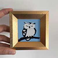 Mini Owl Oil Painting In Gold Frame, Hand-Painted Cute Animal Art For Wall & Desk Decor, Gift Fo