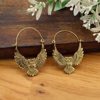 Golden owl Bird earrings, Handmade Bohemian earrings, Brass Vintage hoop earring jewelry in golden &