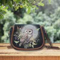MYSTICAL Owl and Luna Moth Crossbody Saddle Bag, Forestcore Small Shoulder Bag for Nature Lover Gift