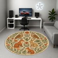 Woodland Animals Round Rug – Fox Rabbit Owl Nature Carpet – Neutral Boho Nursery Rug &nd