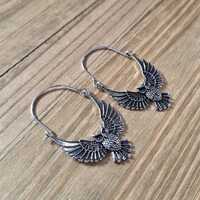 925 Sterling Silver Bohemian Owl Earrings- Silver Goddess of Wisdom Dangling Earrings- Winged Athena