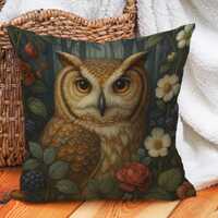 Owl Cushion Cover with Woodland Floral and Berry Frame, Enchanted Forest Animal Throw Pillow for Cot