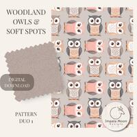 Woodland Owls & Soft Spots &ndash; Taupe and Blush Owl Pattern, Neutral Dots, Seamless patterns,