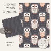 Chevron Owls in Charcoal &ndash; Graphic Owl Design and Grey Zigzag, Seamless Patterns, Commercial U