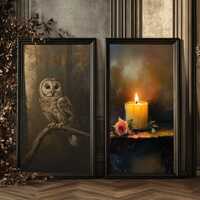 Gothic Owl Wall Art Digital Download Set | Candle Light Print | Dark Academia Room Decor | Cottageco