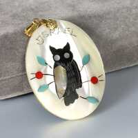 Inlay Mother of Pearl Owl Pendant with coral, onyx and turquoise, Israel jewelry