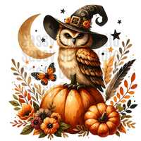 Witchy Owl Halloween PNG | Fall Pumpkin Sublimation Design | Autumn Owl with Hat, Moon & Flowers
