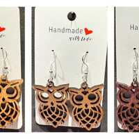 owl earrings - laser cut out of wood - silver