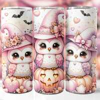 Pastel Owl Witch Tumbler Wrap PNG | Halloween Tumbler Wrap | Cute Halloween Pink Pumpkins PNG | 20oz