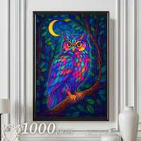 Stained Glass Owl Puzzle - 1000 Piece Jigsaw with Vibrant Colors and Moonlit Forest Art