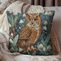 William Morris Snowdrop Winter Owl Pillow: Vintage Woodland Decor