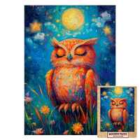 Van Gogh Owl Puzzle | Starry Night Style Wooden Puzzle | Whimsical Orange Owl Art | Dreamy Animal Ji
