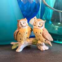 Vintage Lefton Owl Figurine Pair on Branch | Mid-Century Ceramic Owls | Kitsch Japan Collectible | W