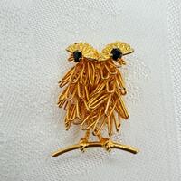 Vintage Braided Loop Wire Woven Owl on a Branch Black Eyes Gold Tone Brooch, Owl French Folding Wire