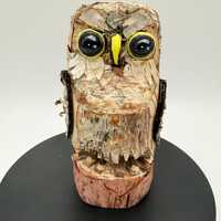 Hand Carved Birch Bark Owl Sculpture: Signed Folk Art