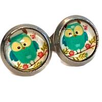 Sterling Silver Owl Earrings, Small Green Owl Studs, Hypoallergenic, Unique Gift for Girls, Cute Pos