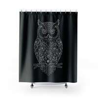 Owl Shower Curtain Black And White Boho Decor, Unique Bathroom Accent, Nature Lover Gift, Whimsical 