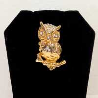 Vintage Gold Toned Owl Pin with Crystal Eyes and Crown 1 1/4 Inch Brooch