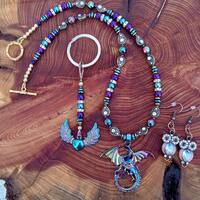 Rainbow Hematite Dragon Necklace Set, Rhinestone Owl Earrings, Winged Heart Keyring