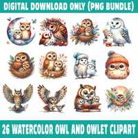 26 Watercolor Owl Clipart Bundle, Cute Owlet PNG Set, Digital Download Owls, Baby Owl Clipart, 12x12