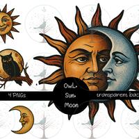 Vintage Celestial Moon Sun Owl Clipart Bundle, Mystical Halloween Wall Art, Autumn Witch Decor, Retr