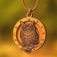 Wooden Owl Handmade  Pendant Necklace &ndash; Celestial Design with Flat Leather Cord