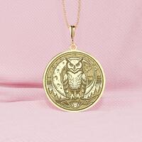 14K Gold Moon Owl Necklace: Sterling Silver Mystical Wisdom Pendant