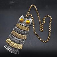 Park Lane Owl Pendant Necklace Gold Tone Silver Tone Orange Eyes Vintage Jewelry