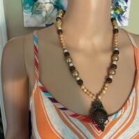 Beaded Necklace, Gold Owl Pendant Necklace