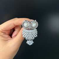 Elegant Owl Brooch with Pearl Eyes & CZ Crystals – Silver Statement Pin - Wedding Accessor
