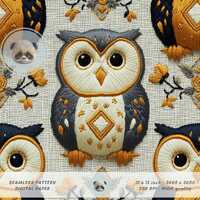 3d Folk Owl Seamless Pattern Embroidery Effect, Bird Digital Paper, Woodland Animal Background for S