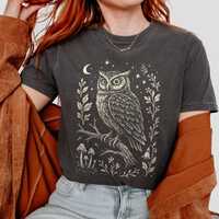 Forest Owl Linocut Shirt, Folk Art Cottagecore TShirt, Comfort Colors Wildlife Graphic Tee, Mystical
