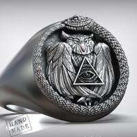 Ouroboros Owl Ring: Esoteric Symbol Jewelry (Oxidized Silver)