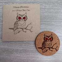 Laser Engraved Owl Birthday Card: Rustic Keepsake with Optional Coaster