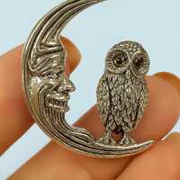 Vintage Sterling Silver Moon and Owl Brooch Crescent Moon Face Pin with Detailed Owl Design Celestia
