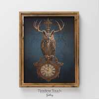 Vintage Owl and Clock Steampunk Digital Wall Art Print