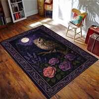 Owl and Moon Rug – Mystical Purple Floral Carpet with Night Forest Scene, Gothic Bird Decor fo