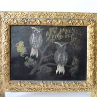 Vintage framed Owl painting antique gold frame Original art owls tree